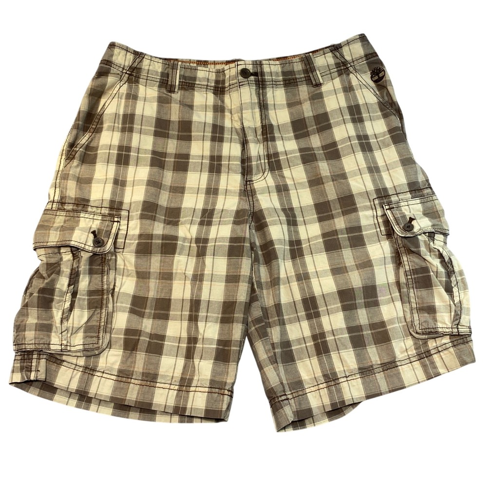 Timberland Mens Brown Plaid Cargo Shorts Size 34 Cotton Outdoor Casual‎ Y2K